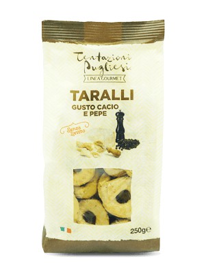 Taralli &quot;Gourmet&quot; cacio cheese and black pepper flavoured - 250 gr.